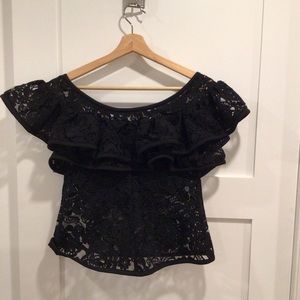 Alexis Crista Black, ruffled off the shoulder top. Size XS.